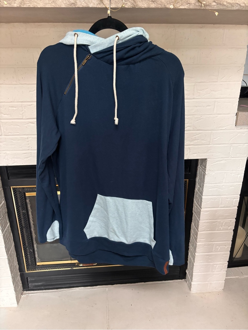 AMPERSAND AVE Navy Sweater with Light Blue Hood and Pocket